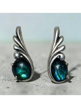 Vintage Kabana Sterling Silver Earrings Blue Abalone Shell Wing Curl Leaf 925
